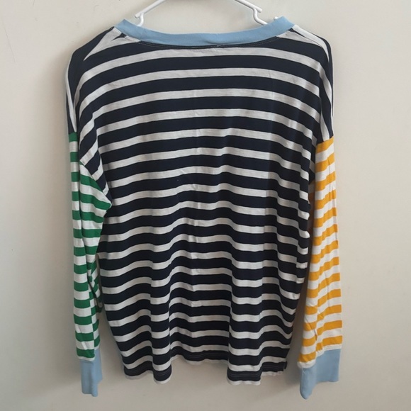 J Crew T-shirt Blue Green Yellow Striped  L Long Sleeve Crew Neck preppy casual - Picture 2 of 6
